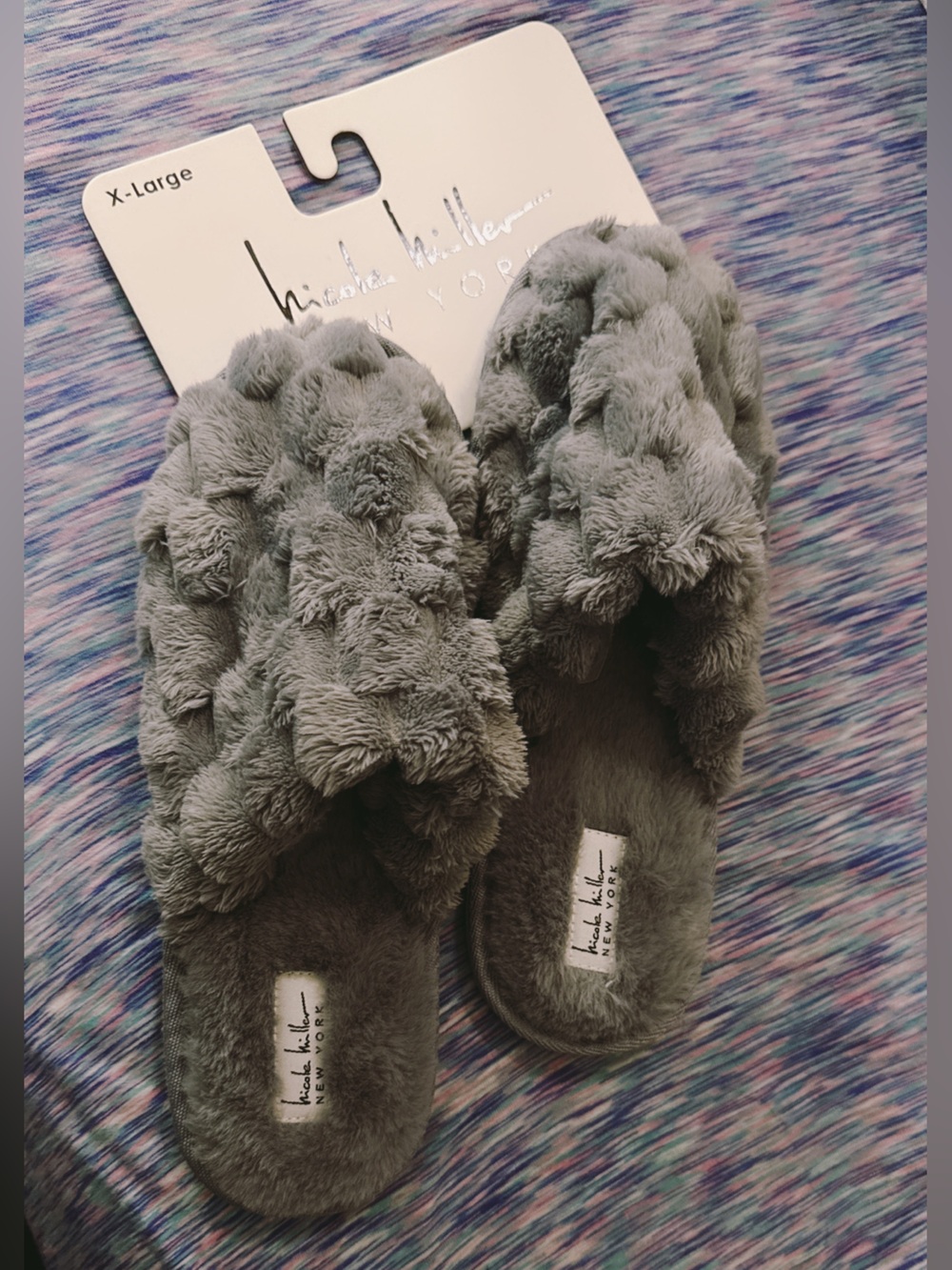 Nicole Miller Gray Plush Fuzzy Slide Slippers